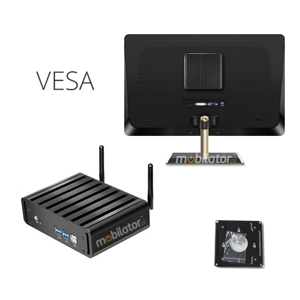 MiniPC yBOX-X31 Robust, efficient small fanless with the possibility of mounting beneath the desktop behind the monitor using the VESA mount